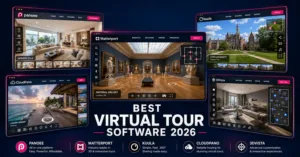 Best virtual tour software 2026 comparison showing Panoee, Matterport, Kuula, CloudPano and 3DVista interfaces