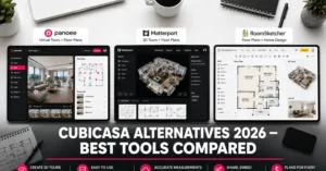 CubiCasa alternatives comparison — Panoee, Matterport, and RoomSketcher software screens side by side