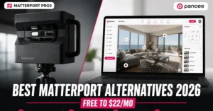 Matterport Pro3 camera compared to virtual tour software dashboard — best Matterport alternatives 2026