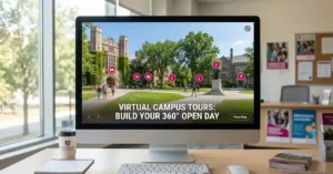 Virtual campus tour interface showing 360° university courtyard with interactive hotspots on desktop monitor