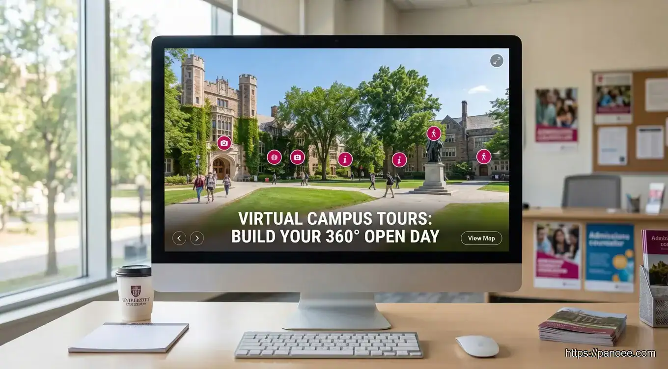 Virtual campus tour interface showing 360° university courtyard with interactive hotspots on desktop monitor