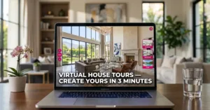 Virtual house tour displayed on laptop showing luxury mansion living room with 360-degree view