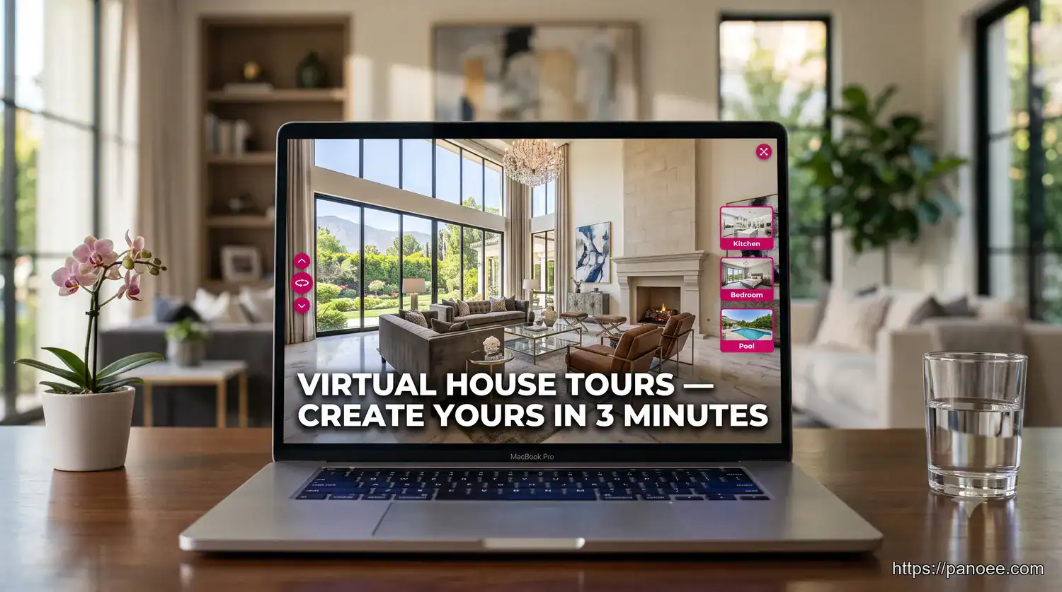 Virtual house tour displayed on laptop showing luxury mansion living room with 360-degree view