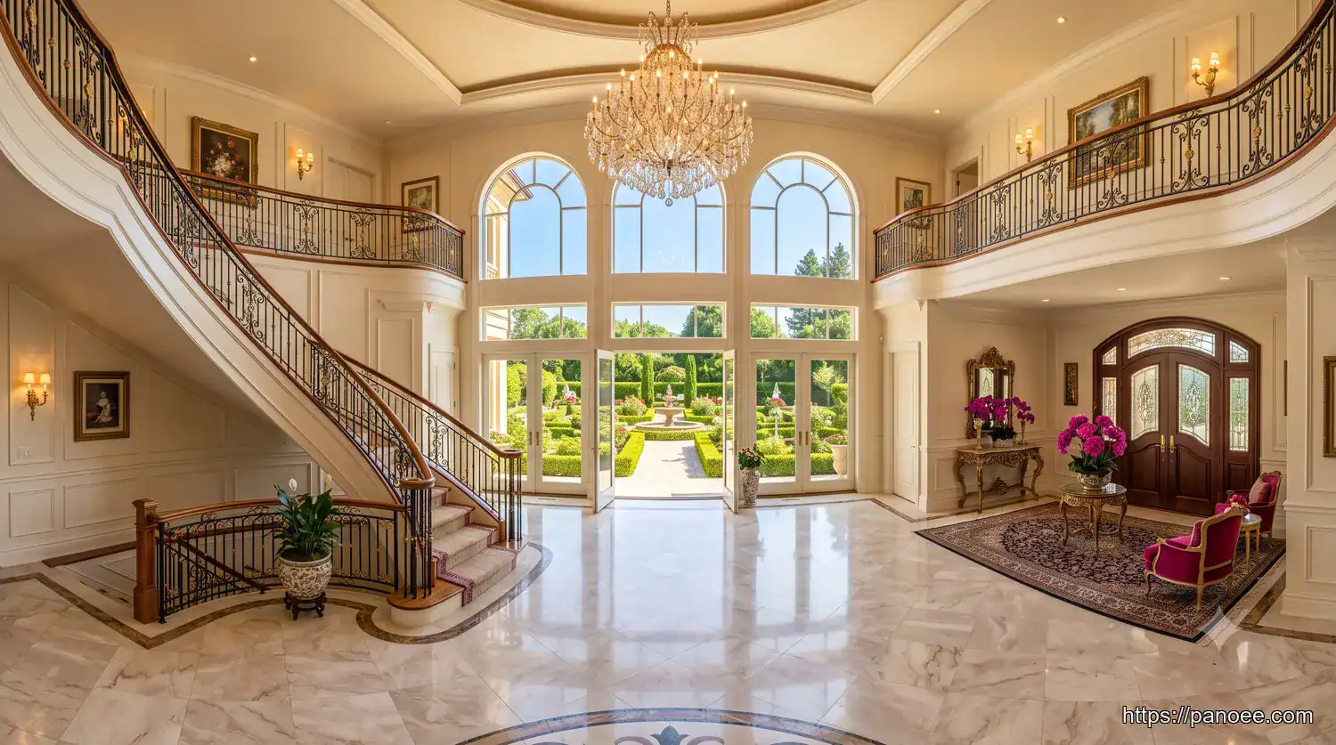 Grand luxury mansion foyer captured in 360-degree view for an immersive virtual house tour