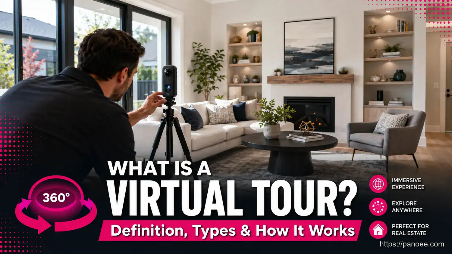 Photographer capturing a real estate interior with a 360-degree camera for a virtual tour