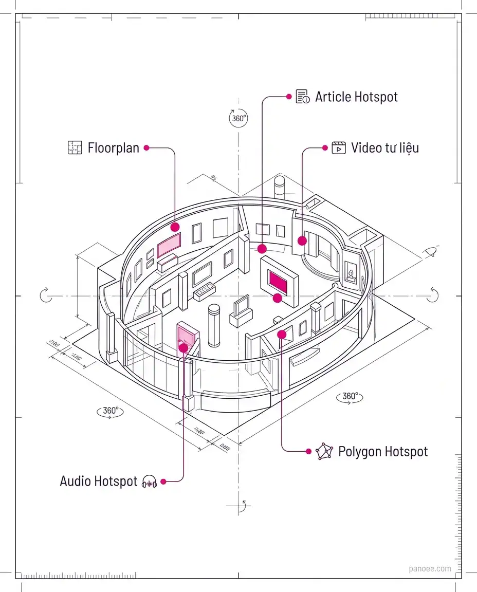 Sơ đồ các thành phần cốt lõi của bảo tàng ảo gồm Floorplan và các loại Hotspot