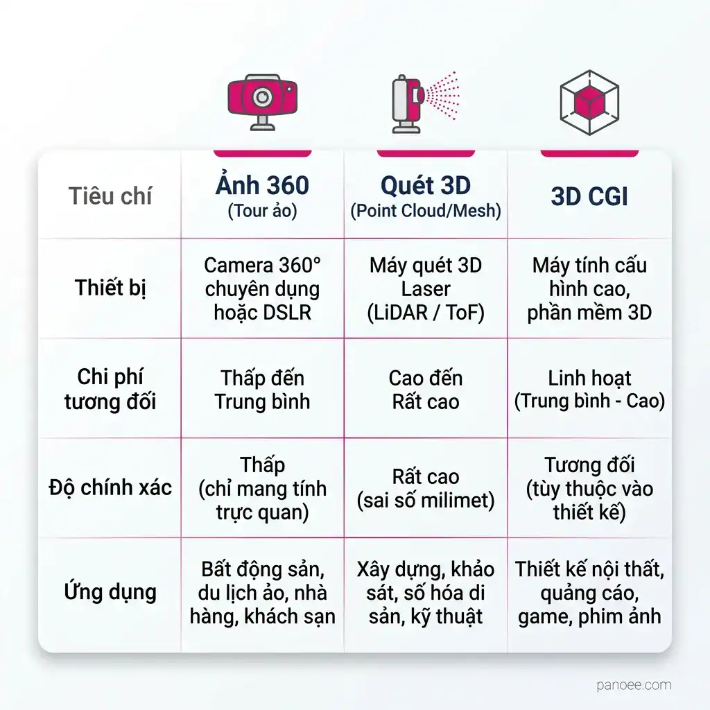 Bảng so sánh ảnh 360, quét 3D và 3D CGI trong số hóa không gian