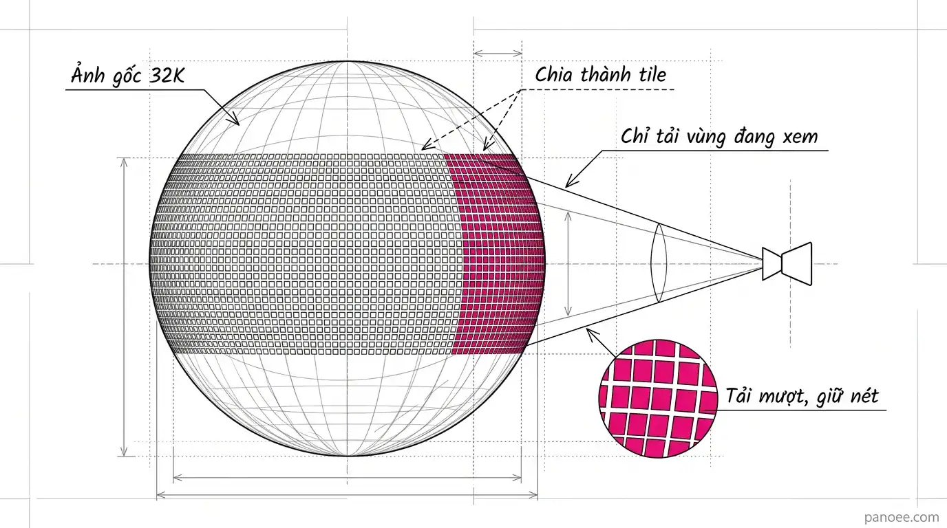 Sơ đồ cơ chế chia tile của Multi-Resolution engine trong ảnh panorama 32K