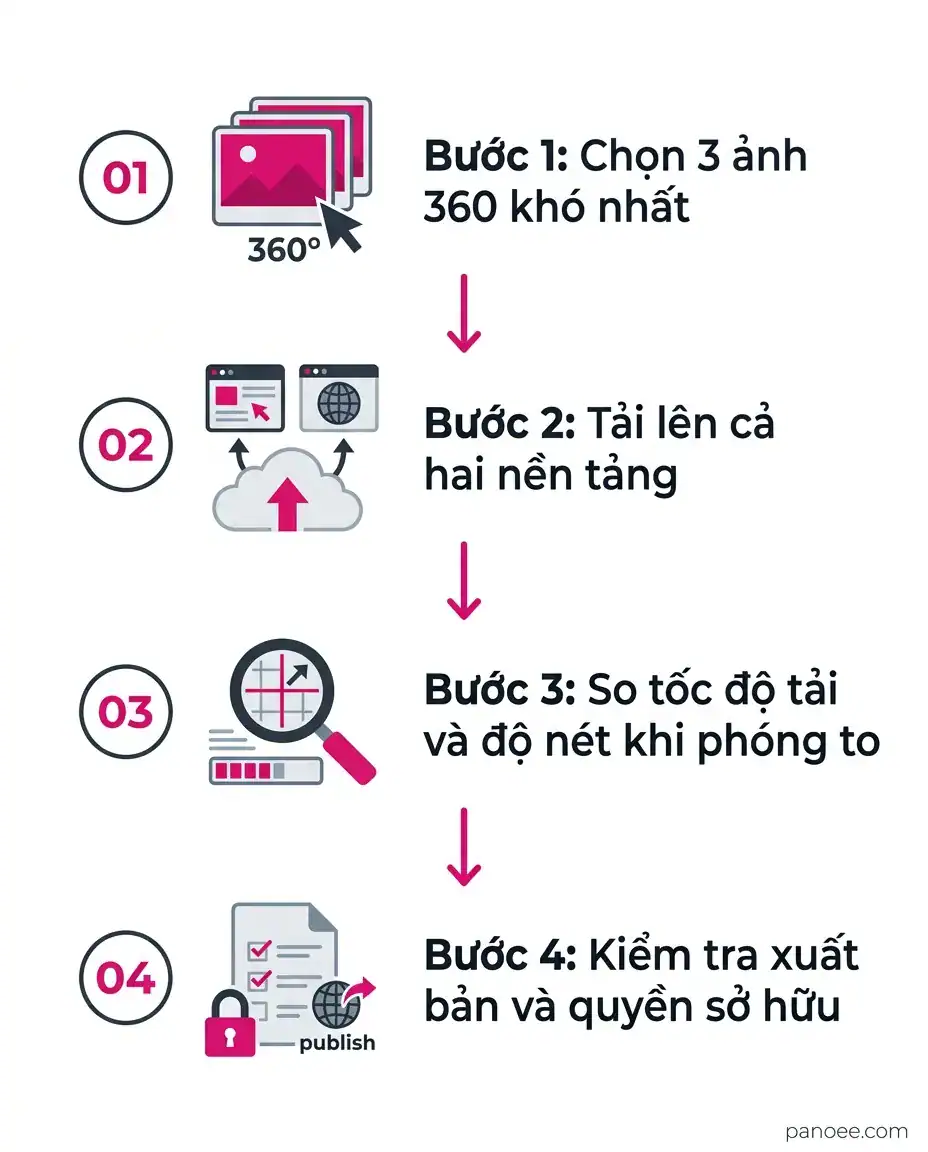 Sơ đồ 4 bước thử nghiệm Panoee và Kuula bằng ảnh 360 thật của bạn