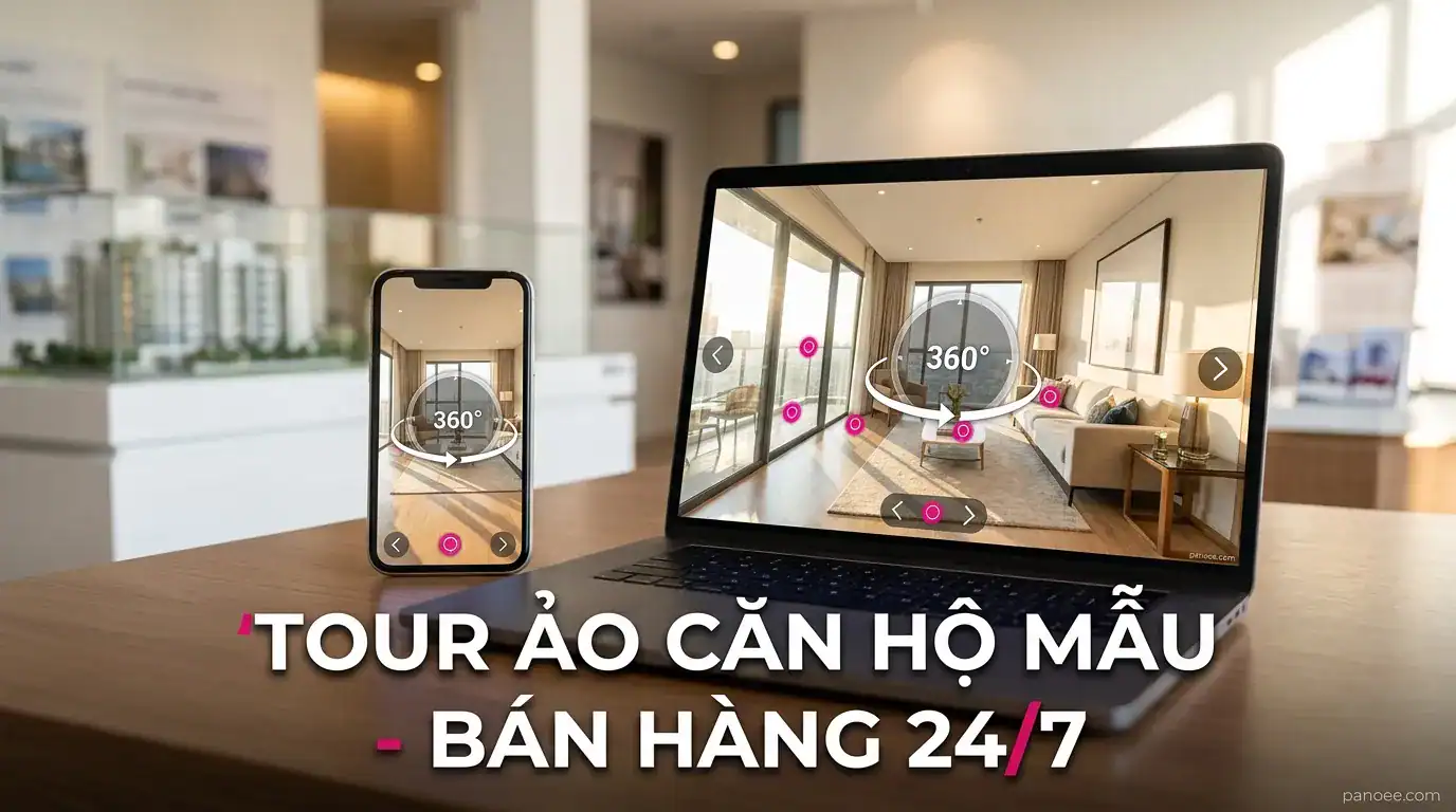 Tour ảo căn hộ mẫu hiển thị phòng khách 360 độ trên laptop và điện thoại