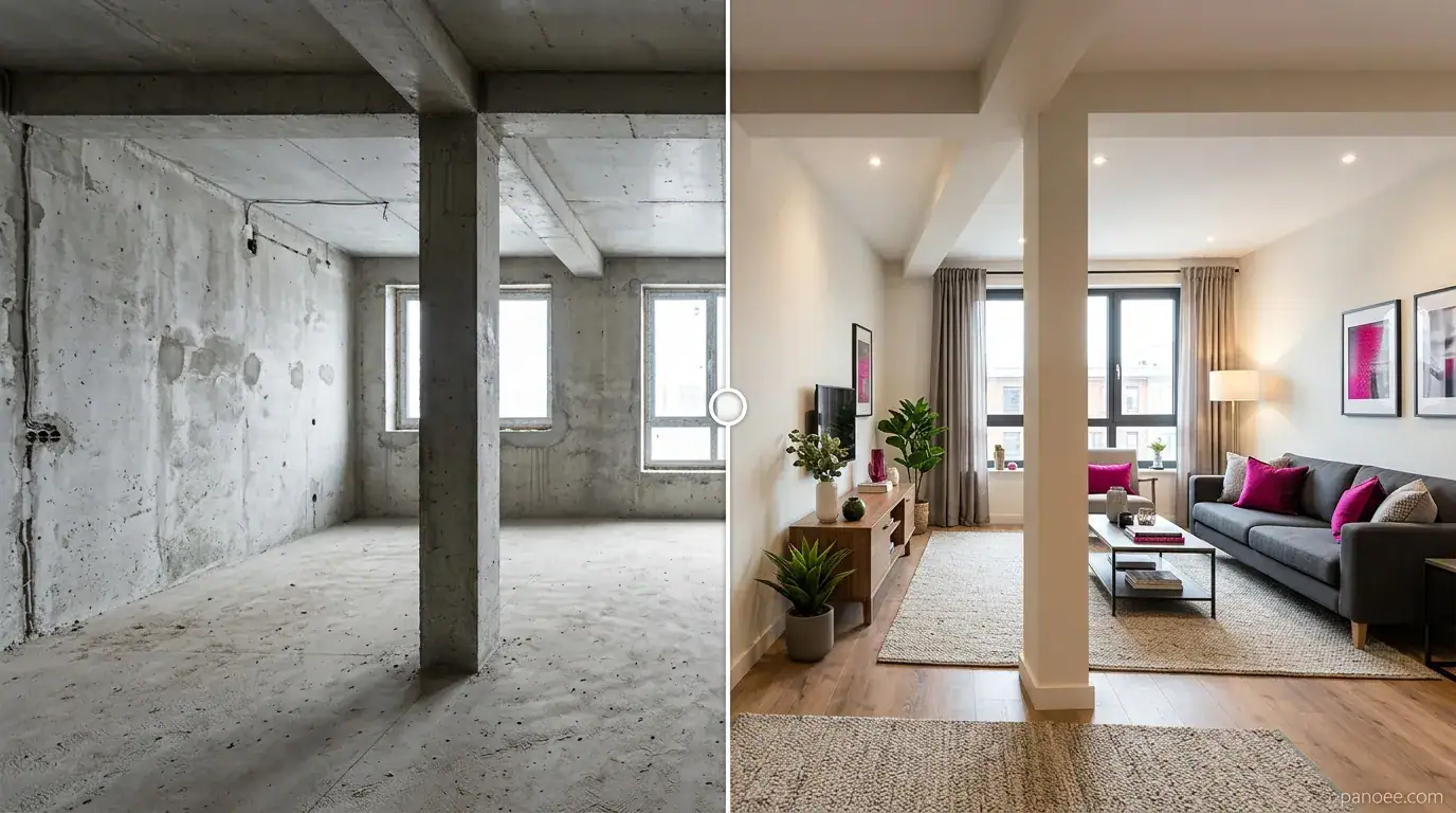 So sánh trước và sau hoàn thiện nội thất phòng khách căn hộ bằng Virtual Staging