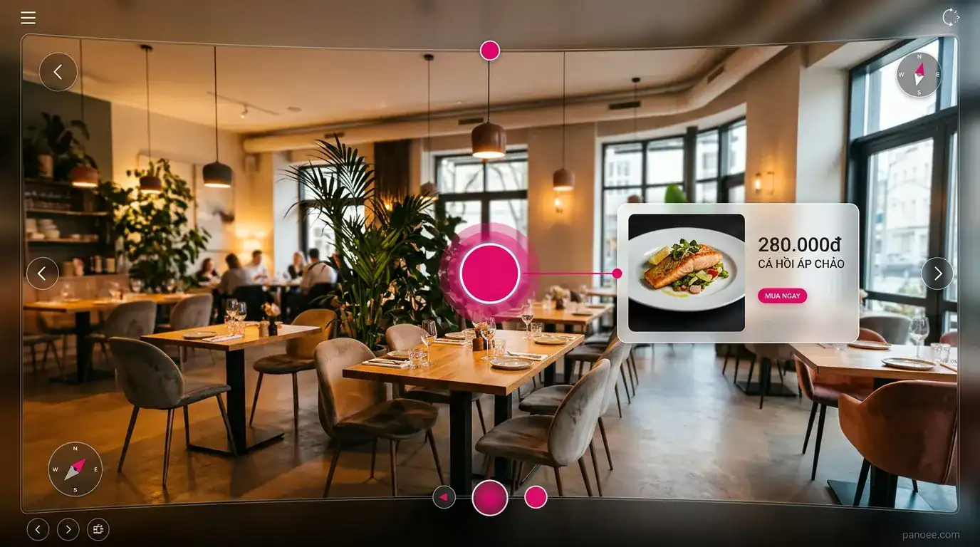 Product Hotspot hiển thị món ăn và giá trong tour ảo nhà hàng cafe